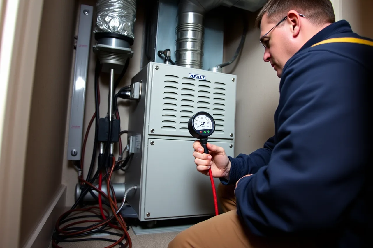 Technician measuring static pressure at an air handler with a manometer (HVAC contractor pricing that protects profit)
