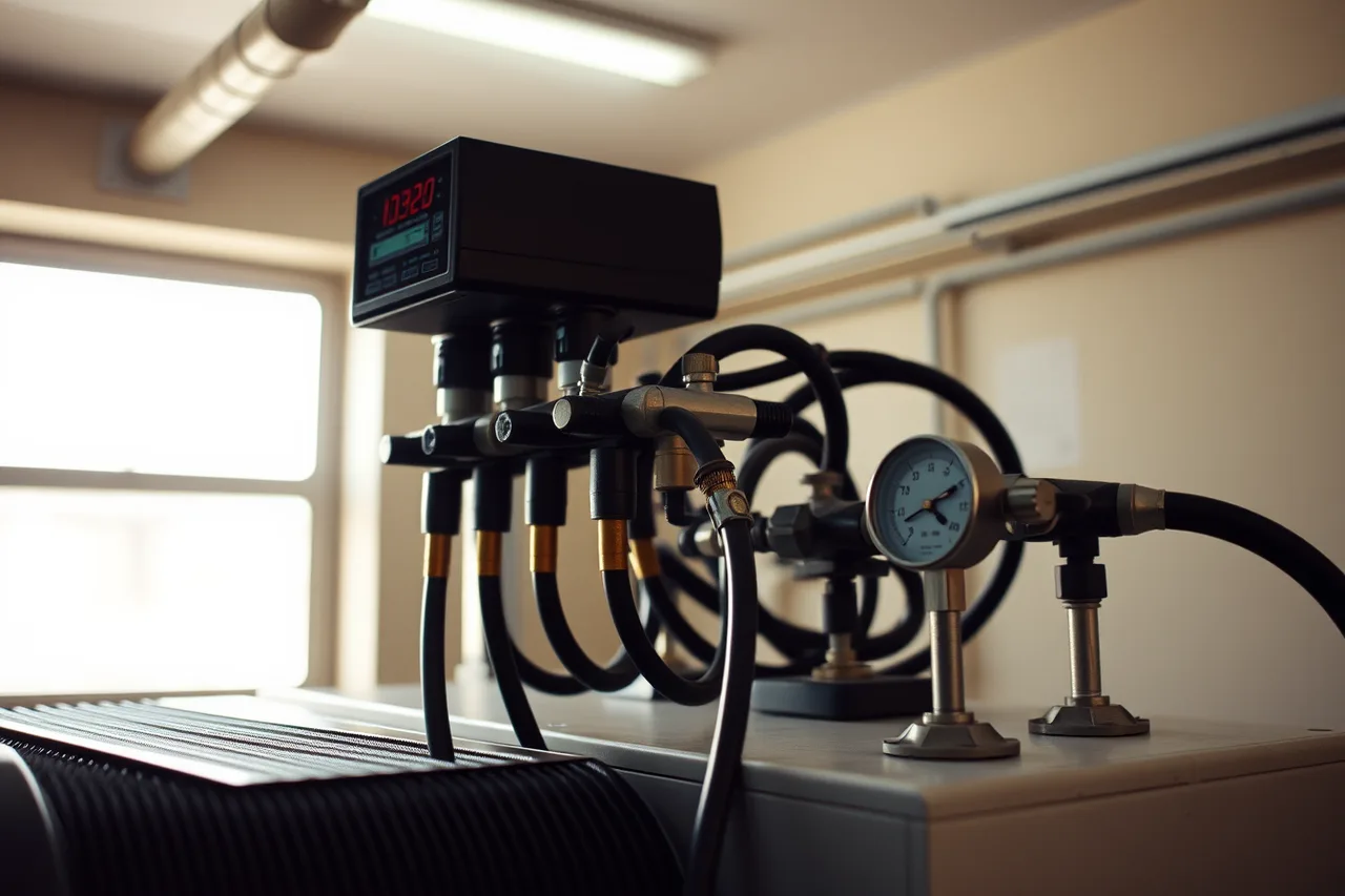 Technician recording commissioning readings on a running condensing unit (HVAC contractor quality assurance for owners)