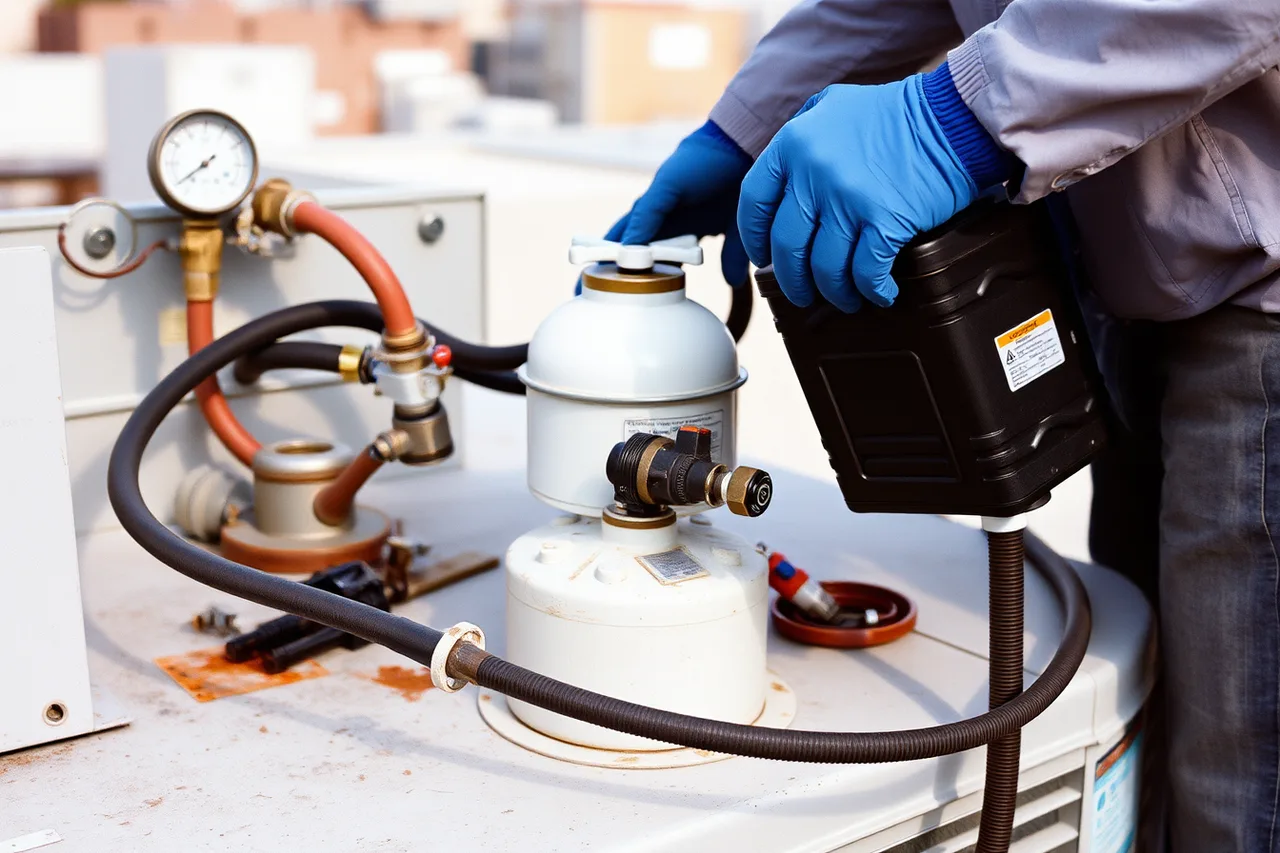 Technician using refrigerant recovery machine and cylinders on a rooftop unit (HVAC contractor trends that move demand in 2027)