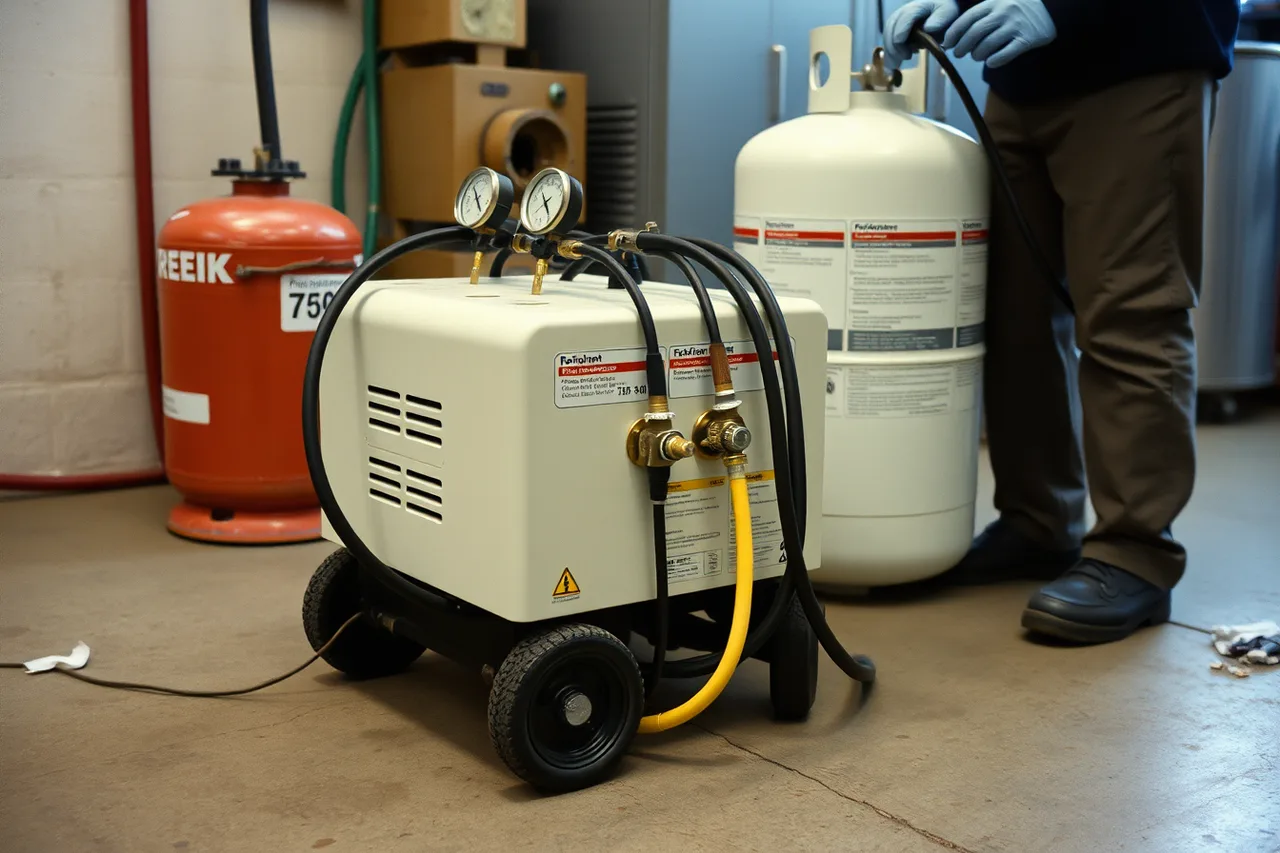 Refrigerant recovery machine hooked to a cylinder with gauges (Buying HVAC contractor equipment new versus used)